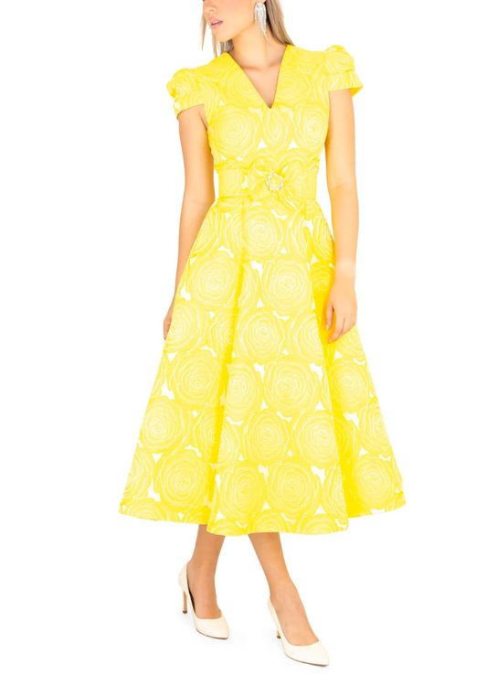 Vestido amarillo midi estampado