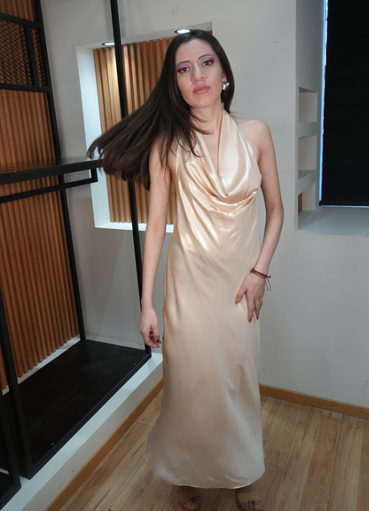 Vestido midi satinado champagne