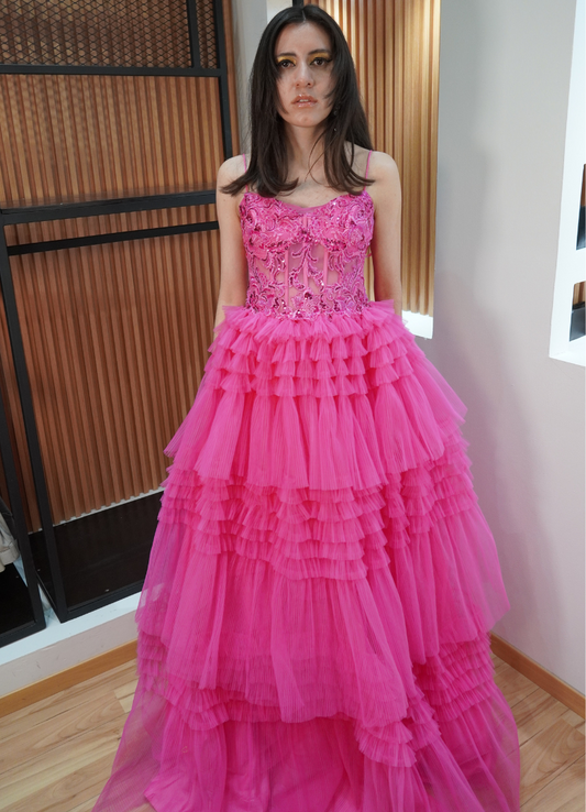 Vestido de noche rosa fucsia fluff