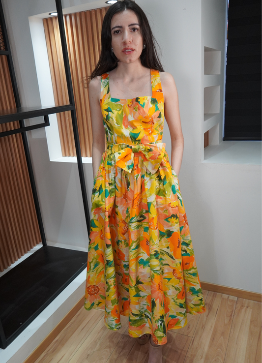 Vestido midi floral naranja