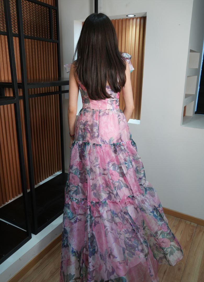 Vestido tul rosa floreado