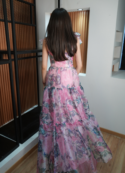 Vestido tul rosa floreado