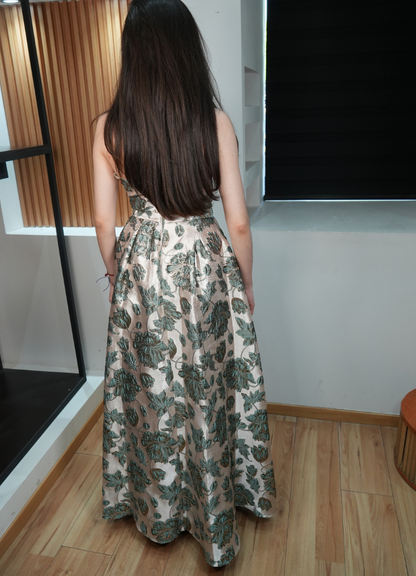 Vestido verde brocado con dorado