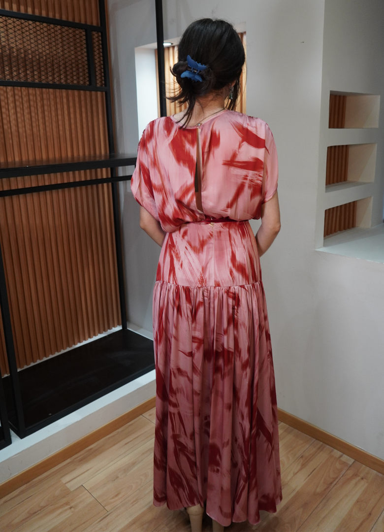 Vestido satinado print rosa