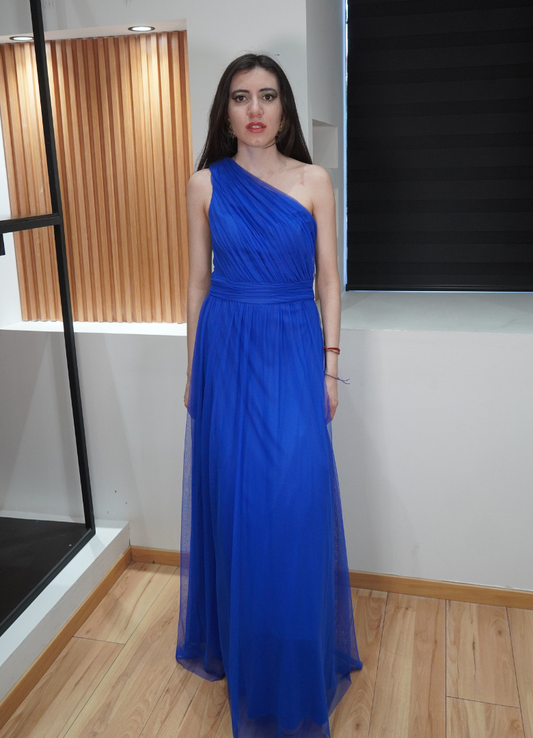 Vestido un hombro azul rey