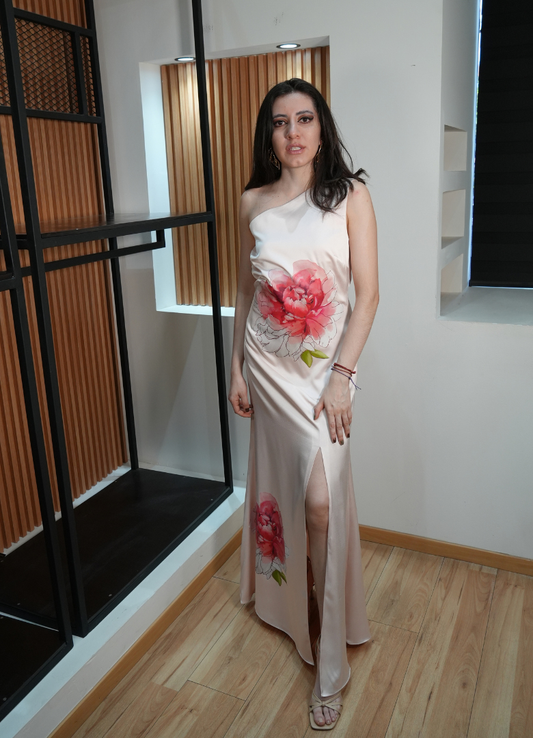 Vestido print satin rosa