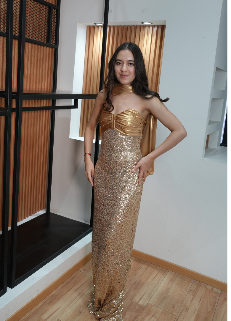 Vestido lentejuela dorado satin