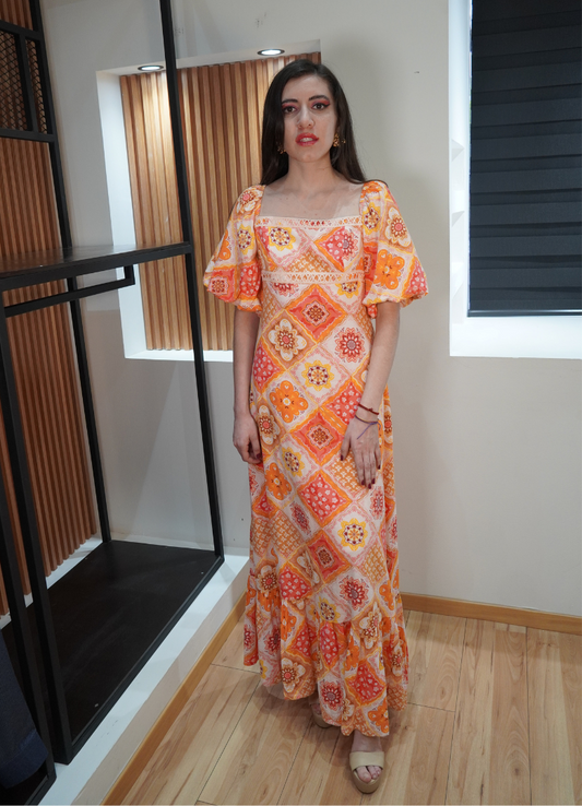 Vestido print mangas abullonadas