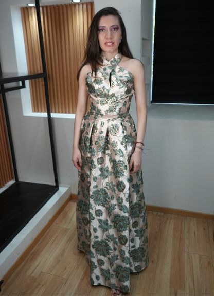Vestido verde brocado con dorado