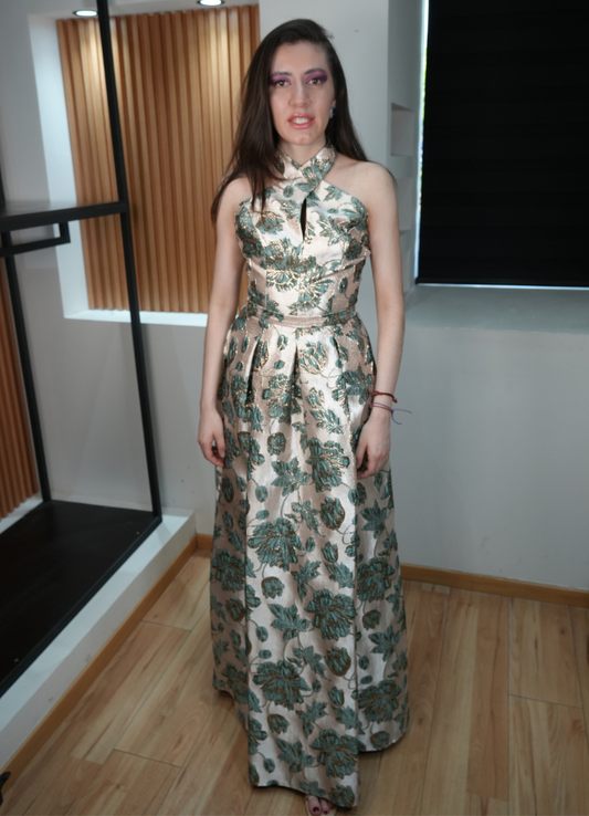 Vestido verde brocado con dorado