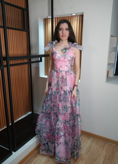 Vestido tul rosa floreado