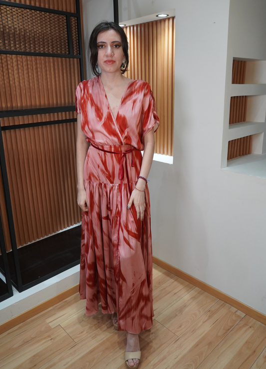 Vestido satinado print rosa