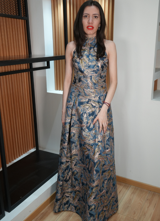 Vestido azul brocado con dorado