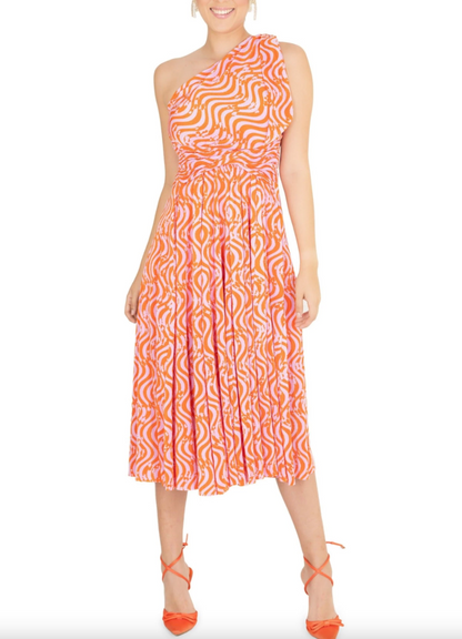 Vestido naranja drapeado midi